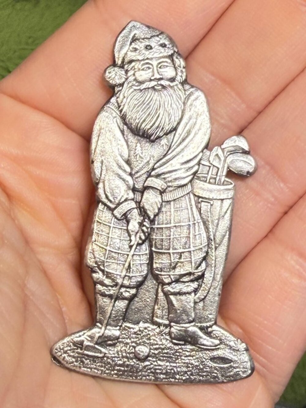 OOAK Santa Golf Brooch Upcycled Metal Christmas Pin Double Sided 2.5 inches